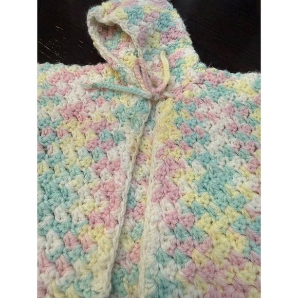 Handmade Crochet Baby Cardigan Hooded Pastel Variegated Pink Blue Yellow Sweater - Picture 6 of 7